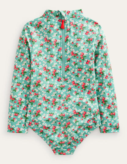 Long Sleeve Print Swimsuit-Aqua Sea Strawberry Ditsy