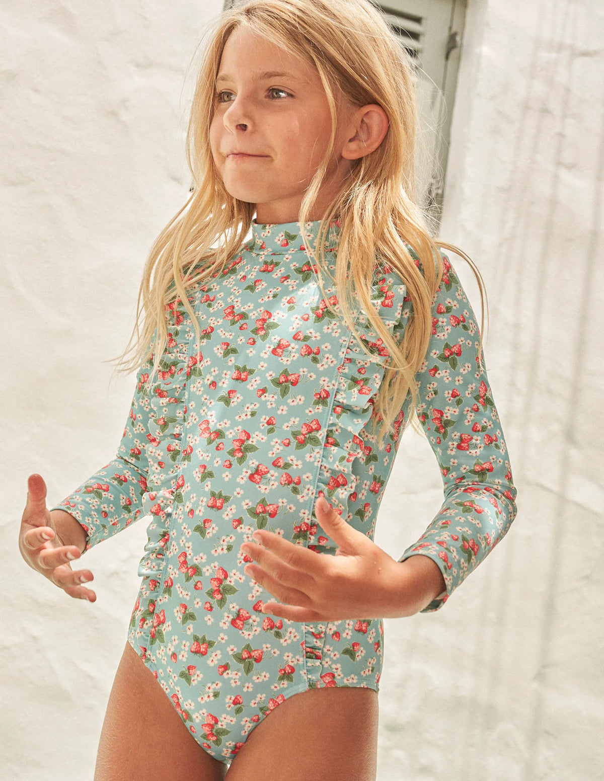 Long Sleeve Print Swimsuit-Aqua Sea Strawberry Ditsy