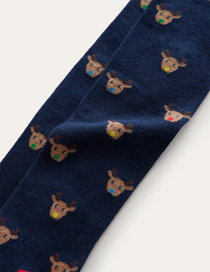 Patterned Tights-Navy Reindeer