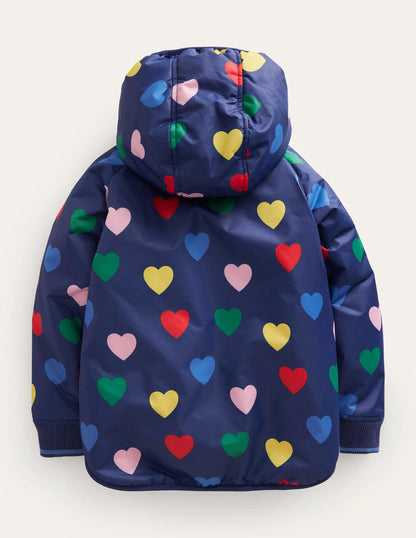 Printed Sherpa Lined Anorak-Navy Hearts
