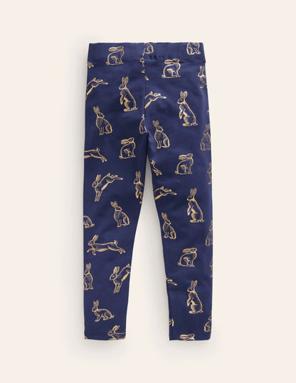 Fun Leggings-College Navy Foil Bunnies