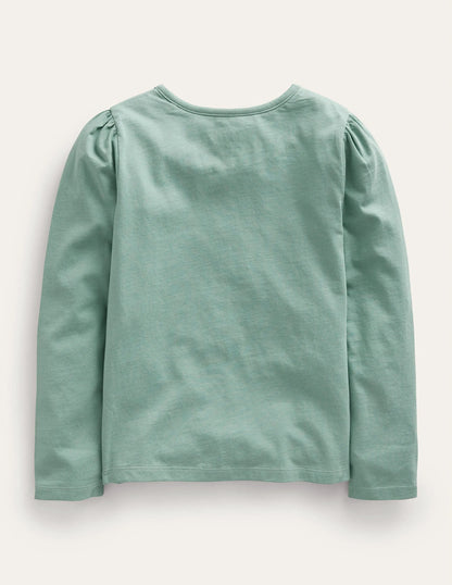 Appliqué Puff-Sleeve Top-Green Smoke Hedgehog
