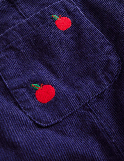 Relaxed Cord Overalls-College Navy Apple Embroidery