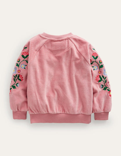 Embroidered Velour Sweat-Almond Pink Floral