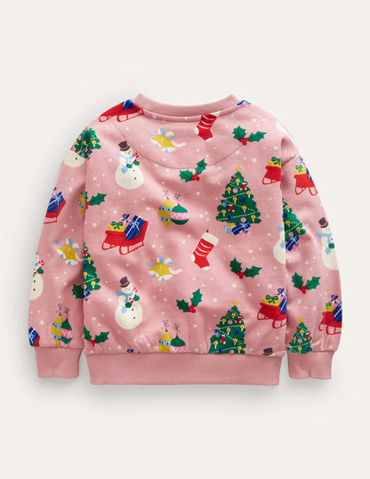 Relaxed Printed Sweatshirt-Almond Pink Festive