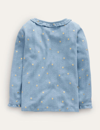 Ruffle Sparkle Pointelle-Pebble Blue Gold Star