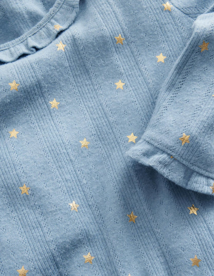 Ruffle Sparkle Pointelle-Pebble Blue Gold Star
