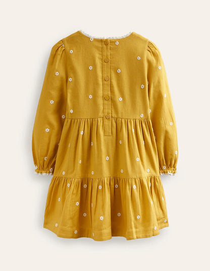 Embroidered twirly Dress-Honeycomb Yellow Daisy