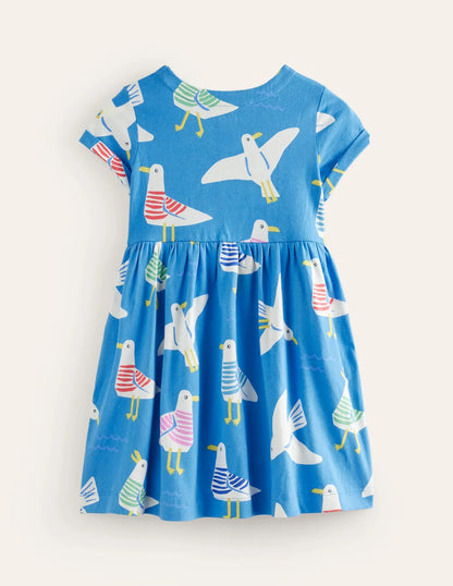 Short-sleeved Fun Jersey Dress-Blue Seagulls