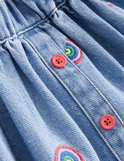 Button Through Twirly Skirt-Scattered Rainbow Embroidery