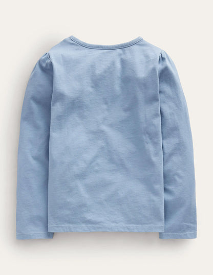 Appliqué Puff-Sleeve Top-Pebble Blue Ballerina