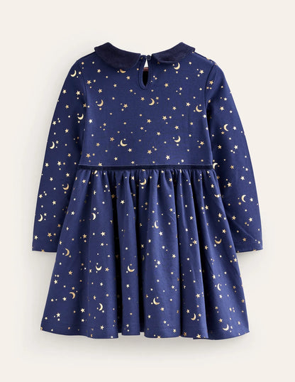 Collared Twirly Dress-College Navy Gold Foil Star