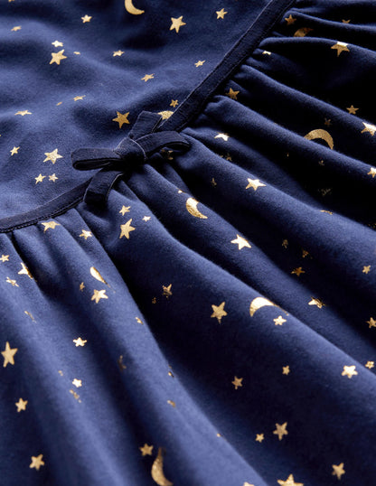 Collared Twirly Dress-College Navy Gold Foil Star