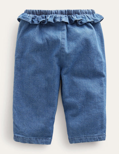 Ruffle Woven Bottoms-Mid Chambray