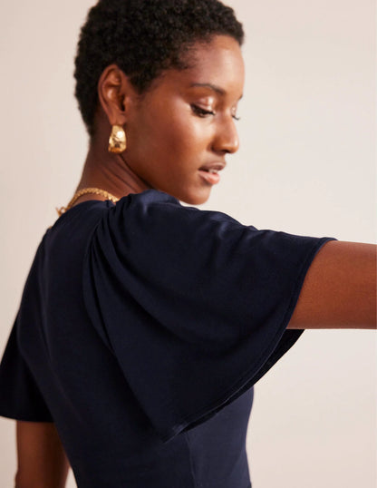V-Neck Jersey Midi Dress-Navy