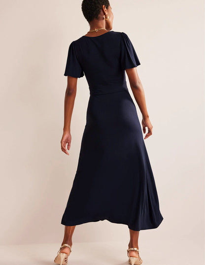 V-Neck Jersey Midi Dress-Navy