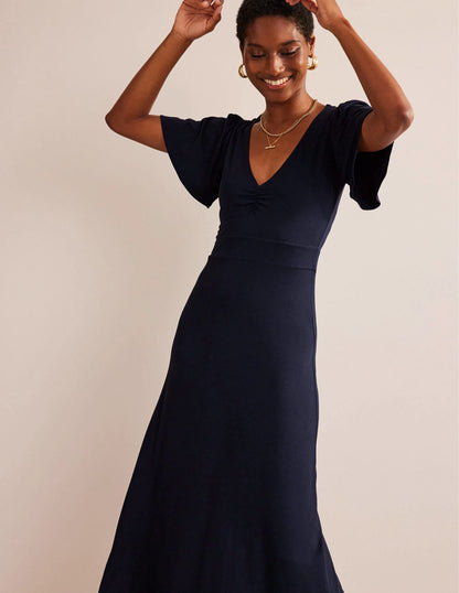 V-Neck Jersey Midi Dress-Navy