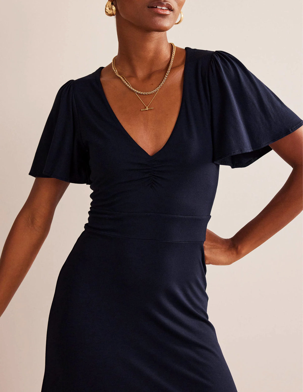 V-Neck Jersey Midi Dress-Navy