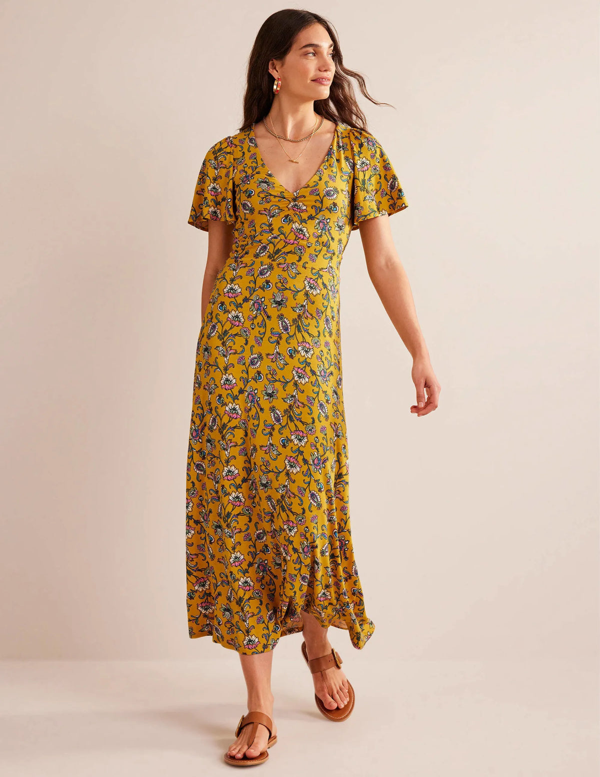 V-Neck Jersey Midi Dress-Mustard Seed, Meadow Fall