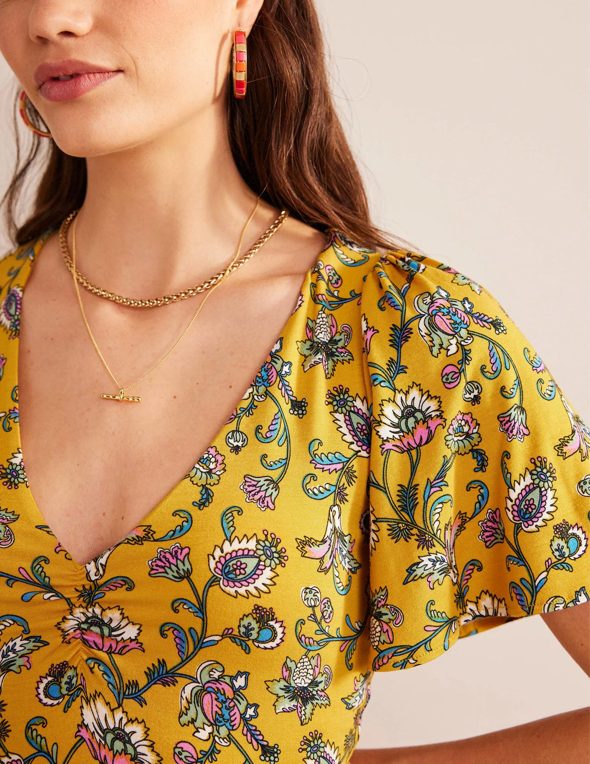 V-Neck Jersey Midi Dress-Mustard Seed, Meadow Fall