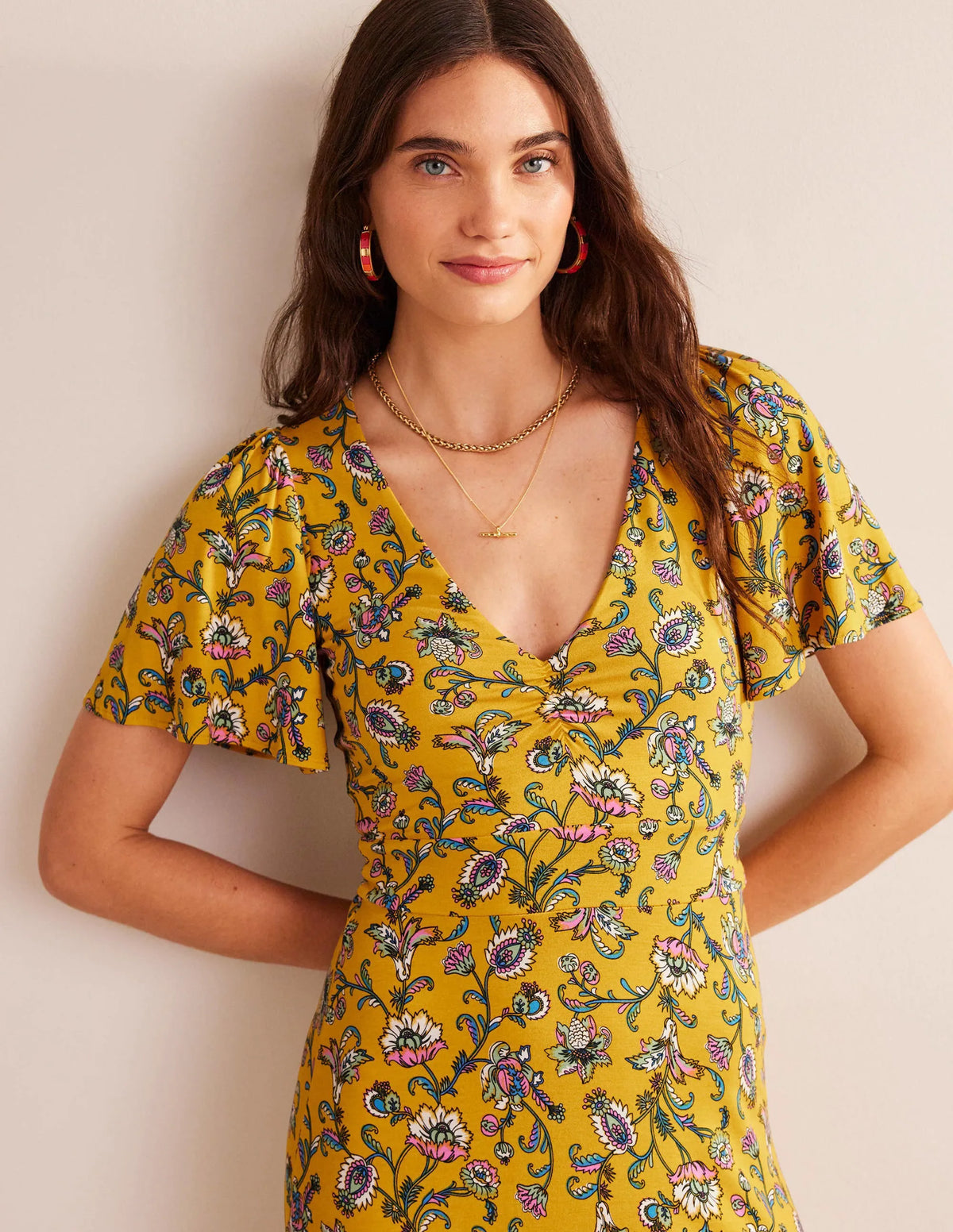 V-Neck Jersey Midi Dress-Mustard Seed, Meadow Fall