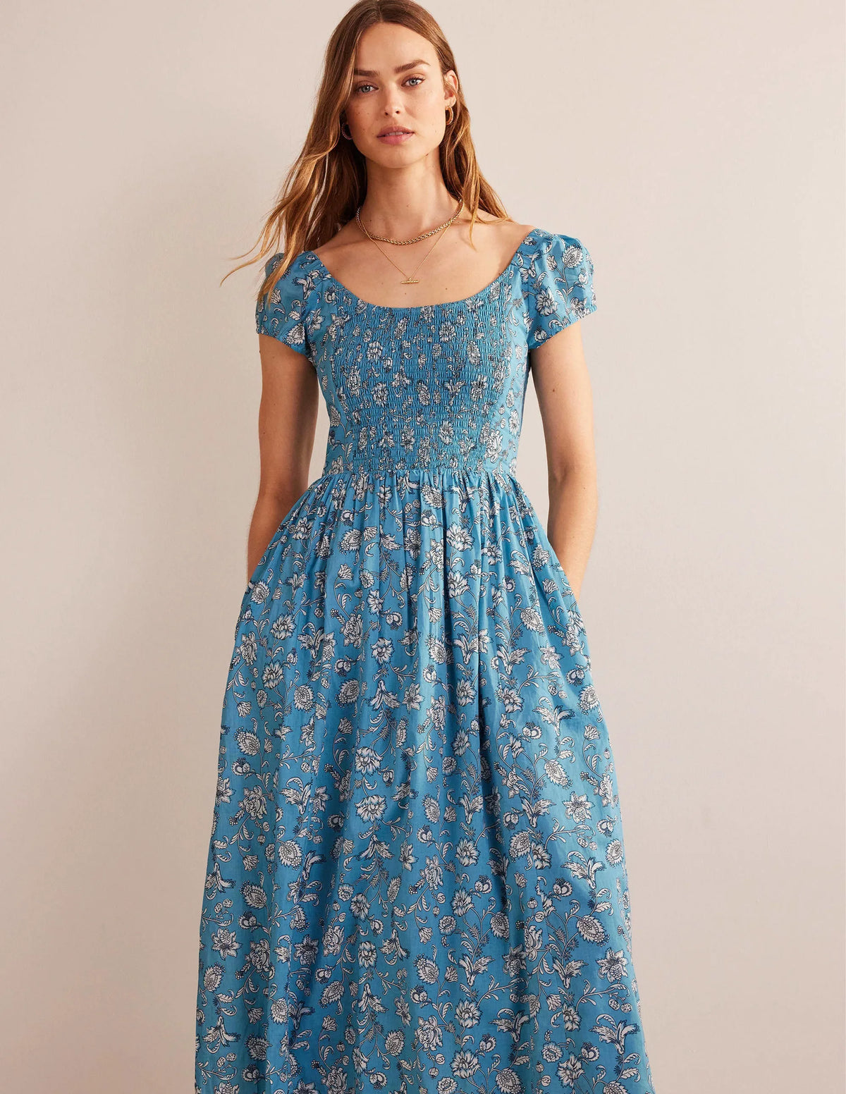 Scoop-Neck Smocked Midi Dress-Delphinium Blue, Meadow Fall