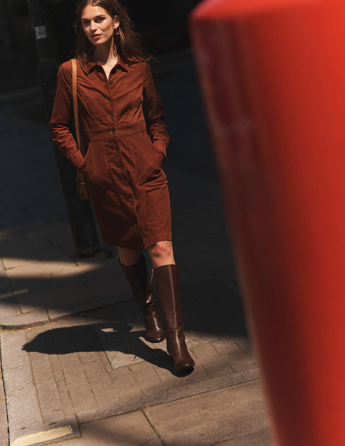 Flora Cord Shirt Dress-Cognac