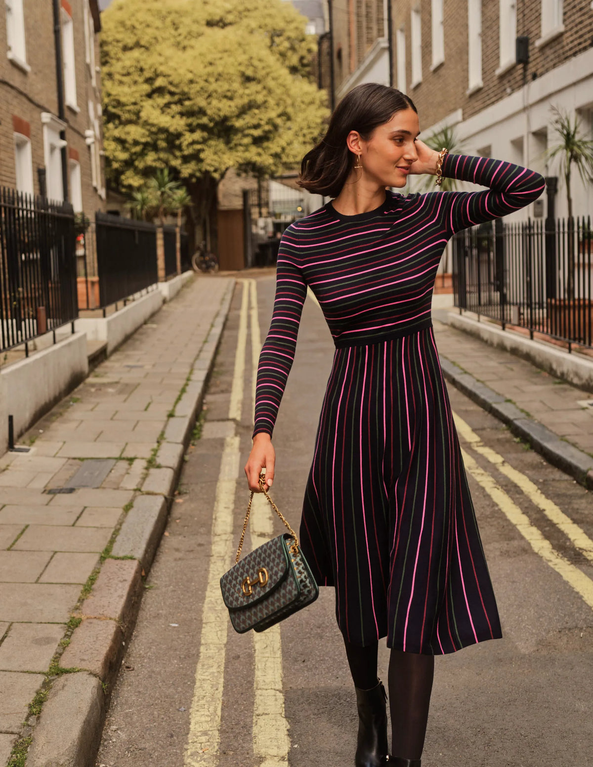 Maria Knitted Midi Dress-Navy and Pink