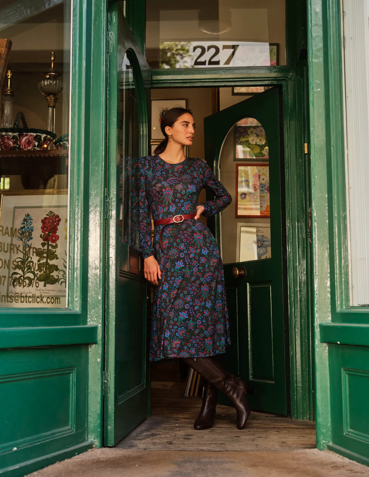 Camille Jersey Midi Dress-Chatsworth Green, Azalea Bloom