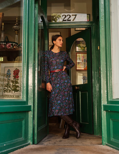 Camille Jersey Midi Dress-Chatsworth Green, Azalea Bloom