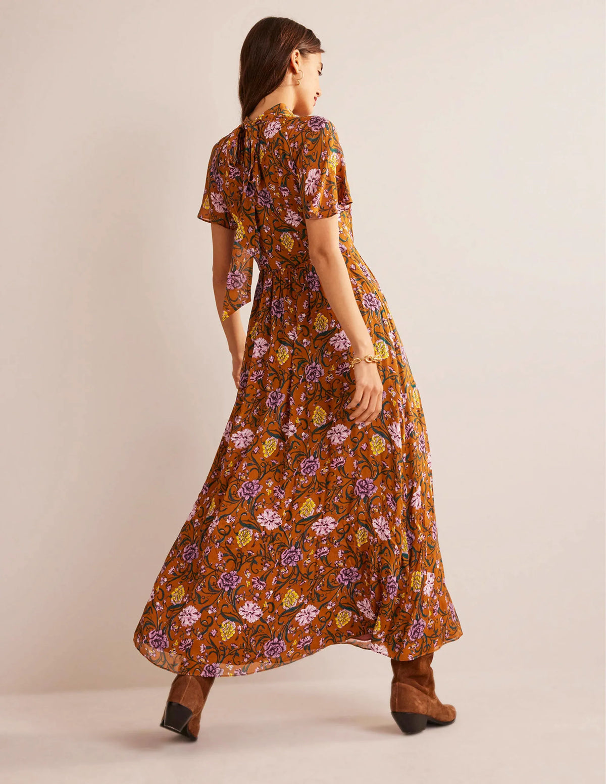 Tie-Back Gathered Midi Dress-Pumpkin, Freesia