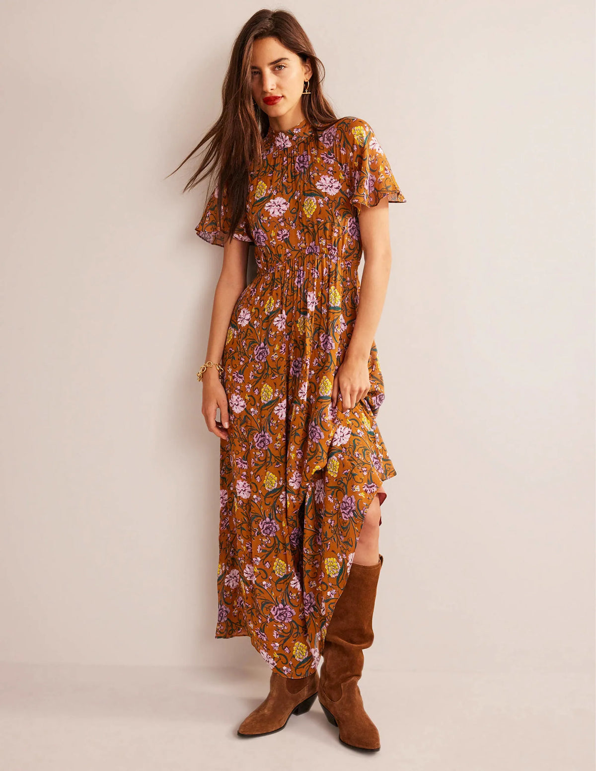 Tie-Back Gathered Midi Dress-Pumpkin, Freesia