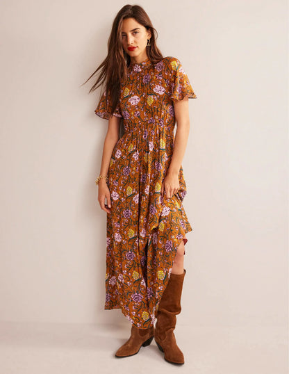 Tie-Back Gathered Midi Dress-Pumpkin, Freesia
