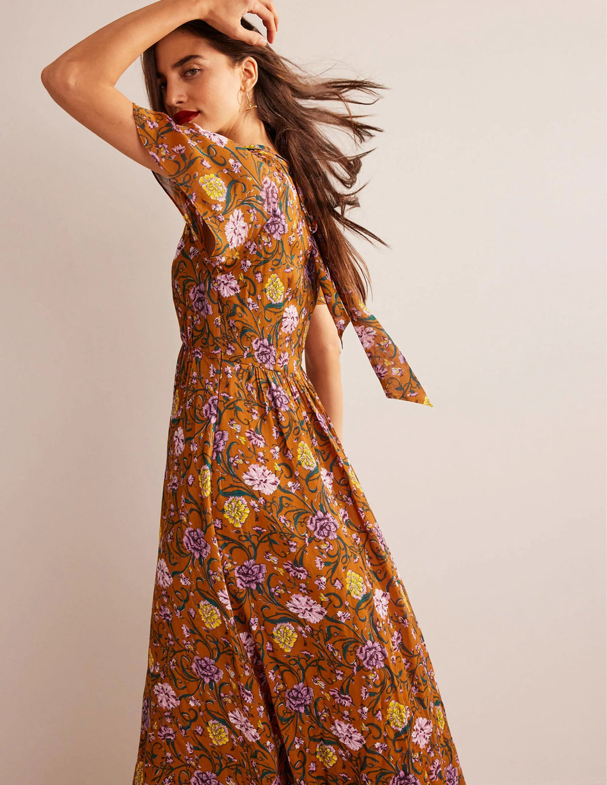 Tie-Back Gathered Midi Dress-Pumpkin, Freesia