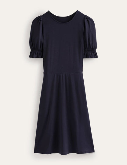 Puff Sleeve Jersey Mini Dress-Navy