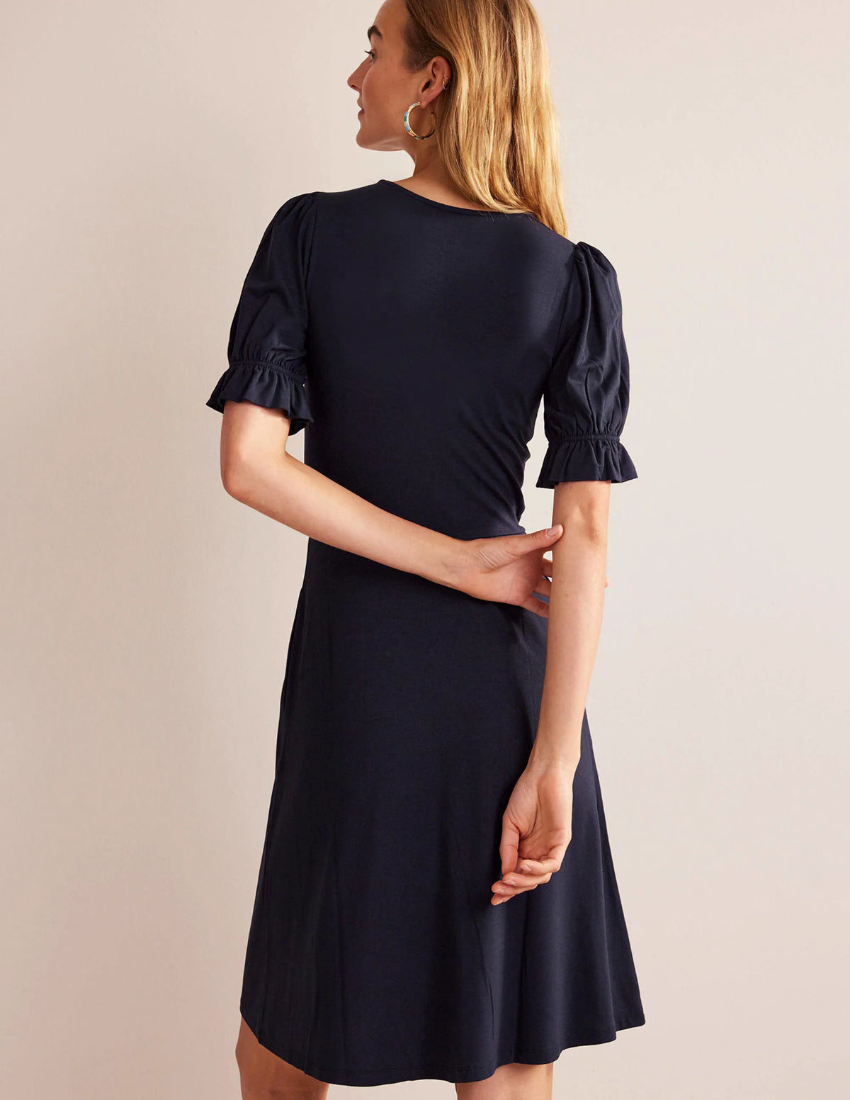 Puff Sleeve Jersey Mini Dress-Navy