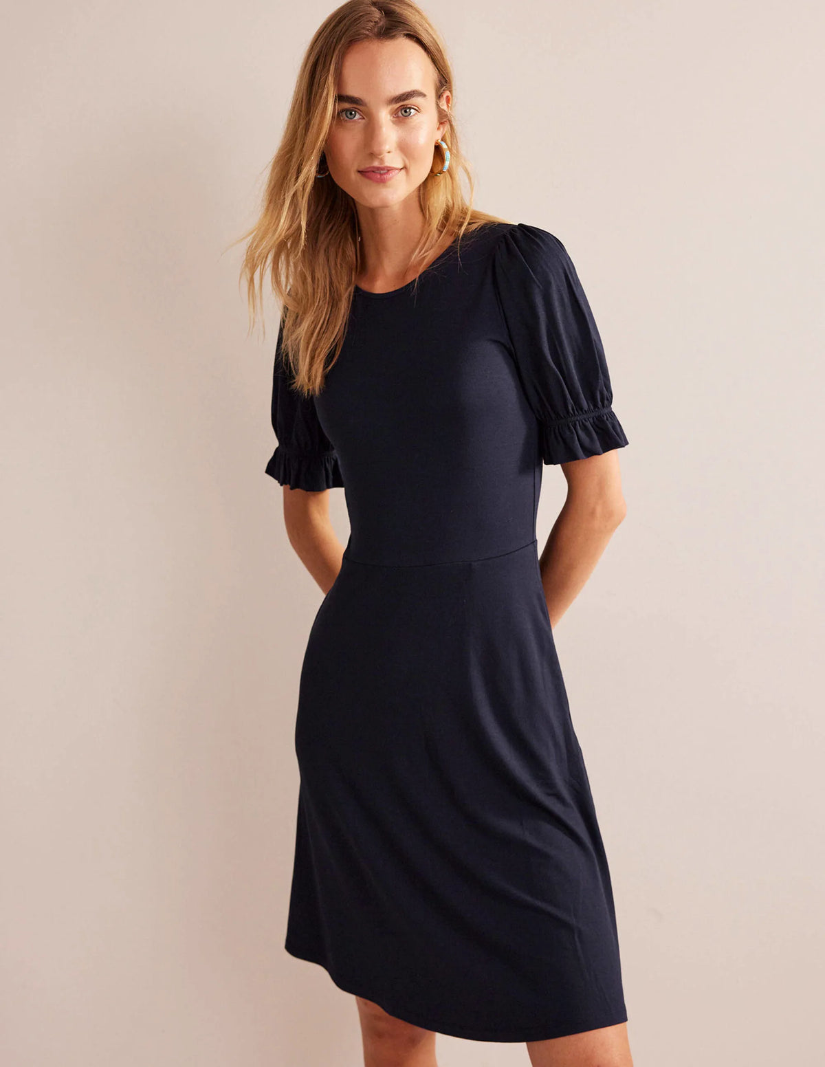 Puff Sleeve Jersey Mini Dress-Navy