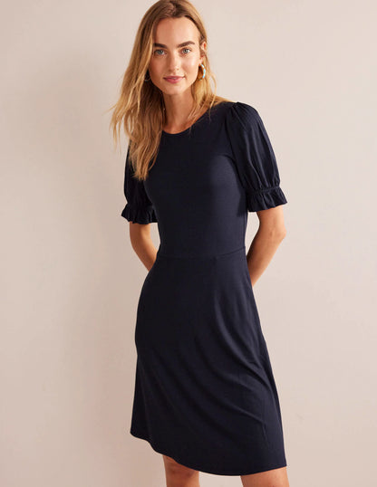 Puff Sleeve Jersey Mini Dress-Navy