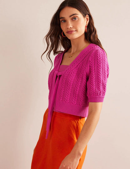 Bow-Trim Cropped Cardigan-Phlox Pink
