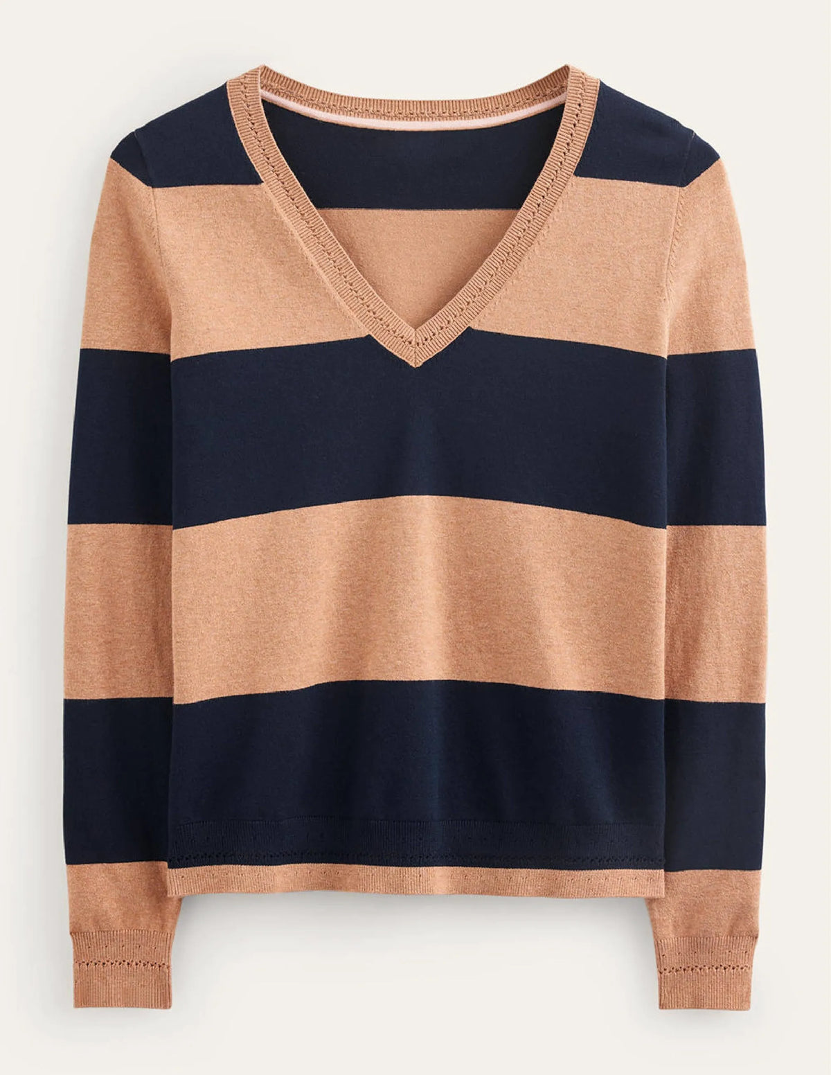 Catriona Cotton V-Neck Jumper-Camel Melange and Navy Stripe