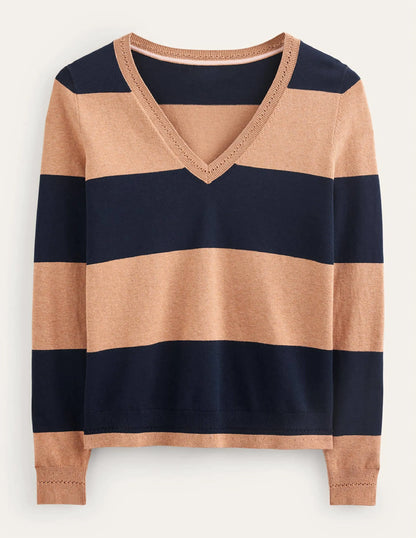 Catriona Cotton V-Neck Jumper-Camel Melange and Navy Stripe