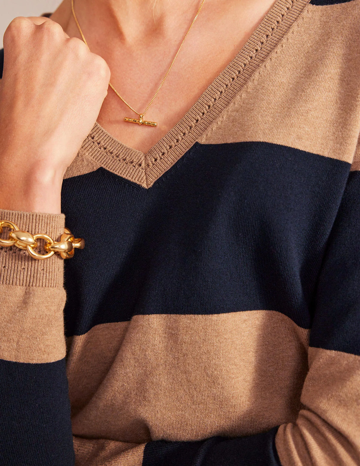 Catriona Cotton V-Neck Jumper-Camel Melange and Navy Stripe