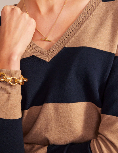 Catriona Cotton V-Neck Jumper-Camel Melange and Navy Stripe