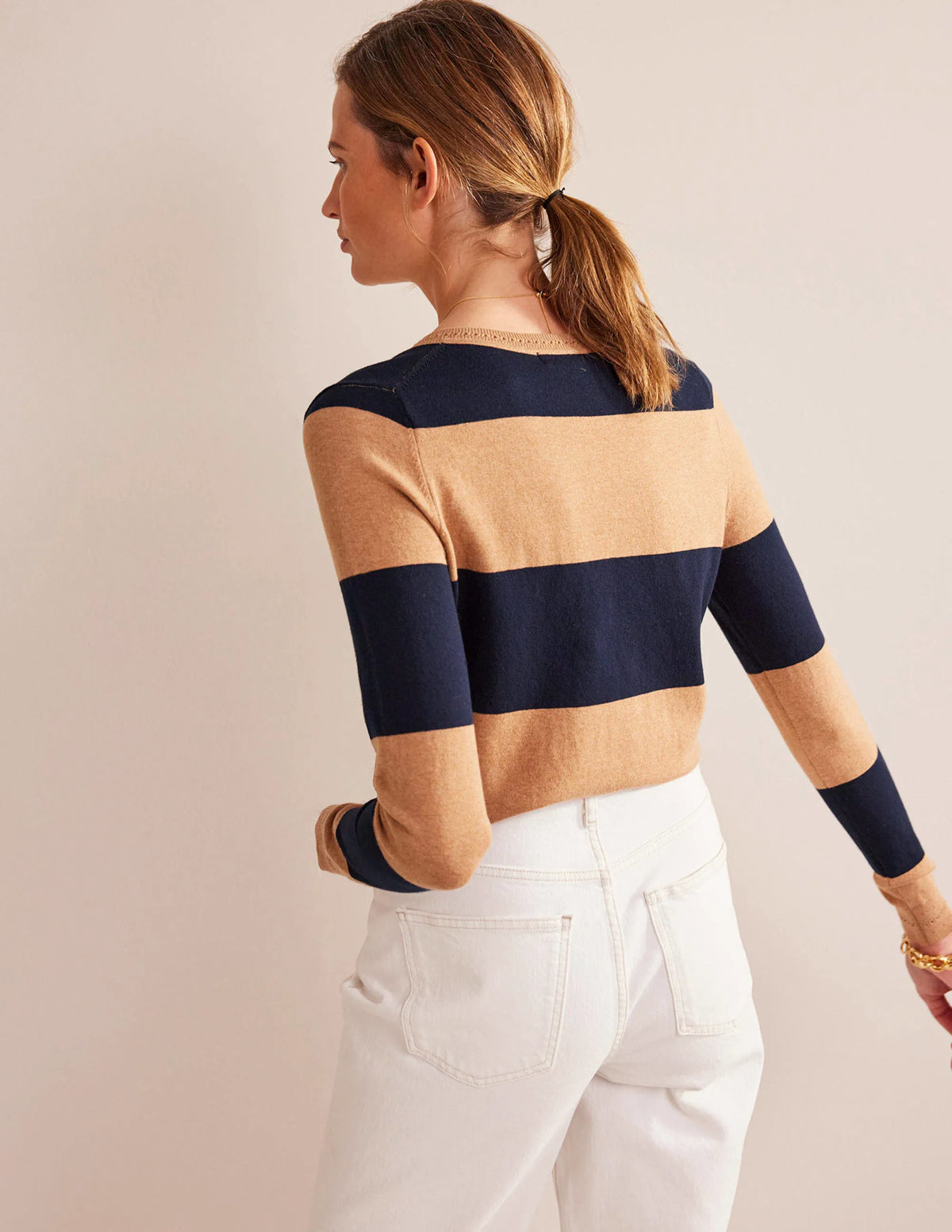 Catriona Cotton V-Neck Jumper-Camel Melange and Navy Stripe
