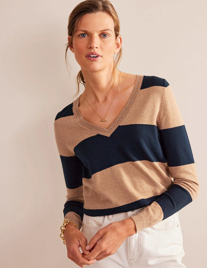 Catriona Cotton V-Neck Jumper-Camel Melange and Navy Stripe