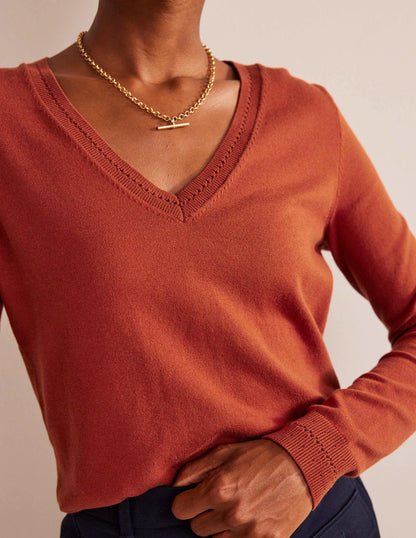 Catriona Cotton V-Neck Jumper-Chestnut Brown