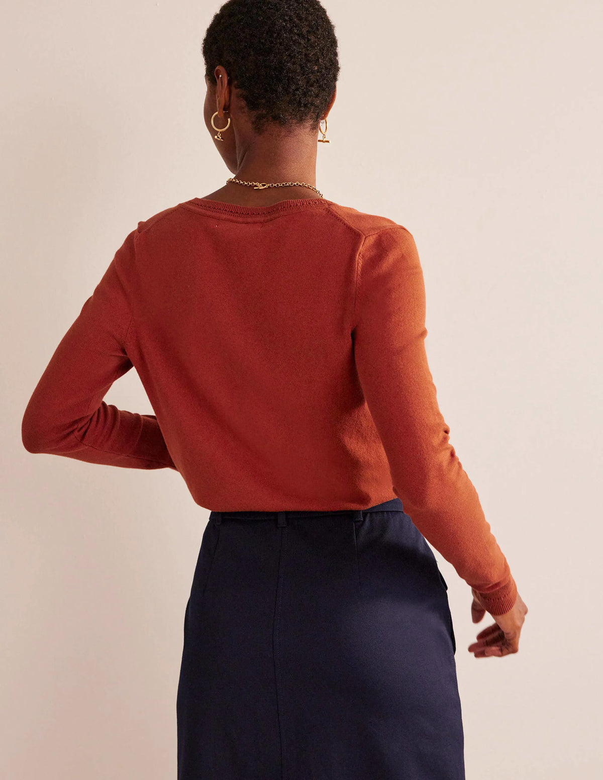 Catriona Cotton V-Neck Jumper-Chestnut Brown