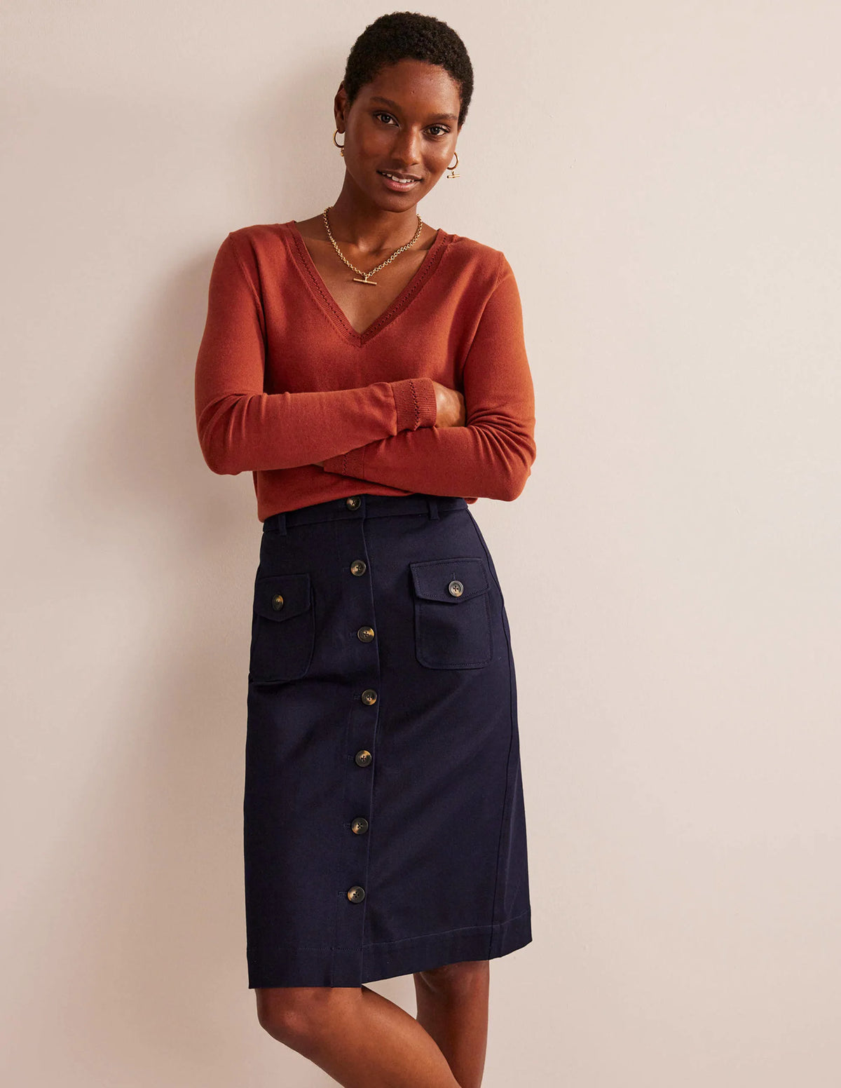 Catriona Cotton V-Neck Jumper-Chestnut Brown
