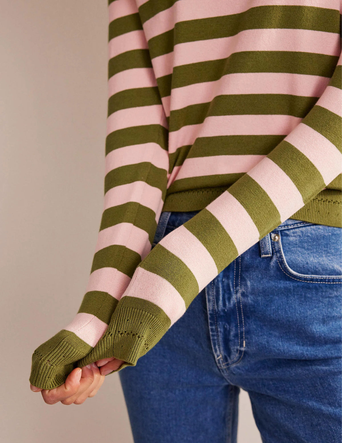 Catriona Cotton Crew Jumper-Chalky Pink and Green Olive