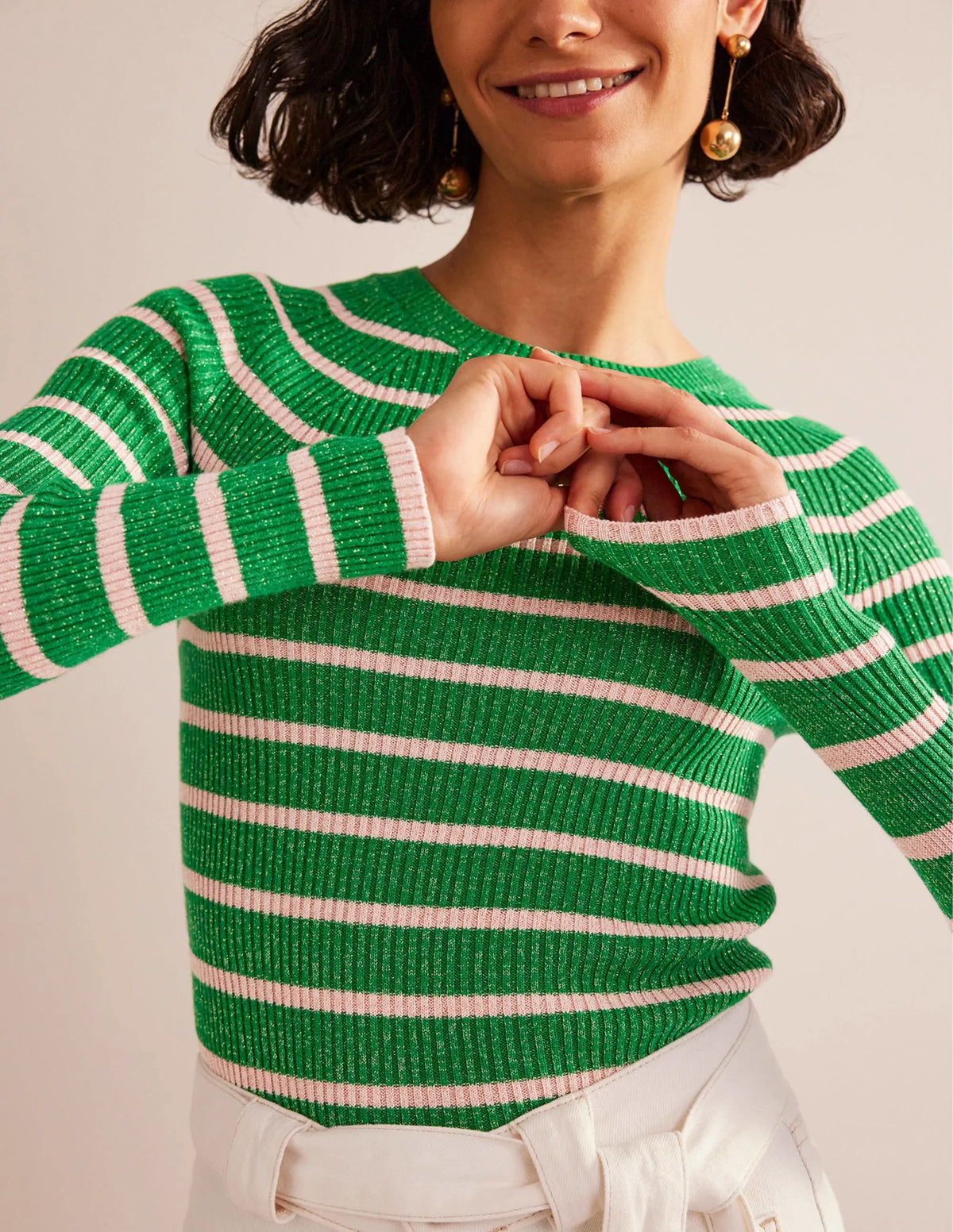 Effie Sparkle Stripe Sweater-Meadow Green, Chalky Pink